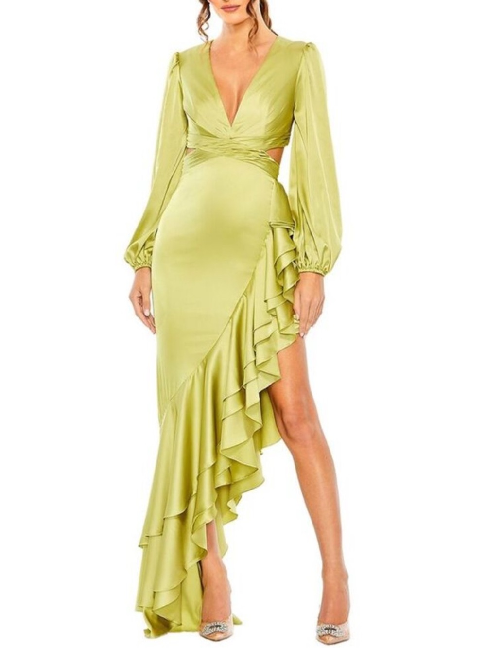 Mac Duggal Satin Ruffle Wrap Maxi Dress